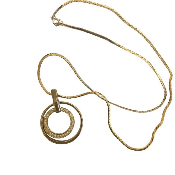 Gold Tone Circle Pendant Necklace Earring Set Rhinestone Inlay 24" S Chain - Picture 4 of 9